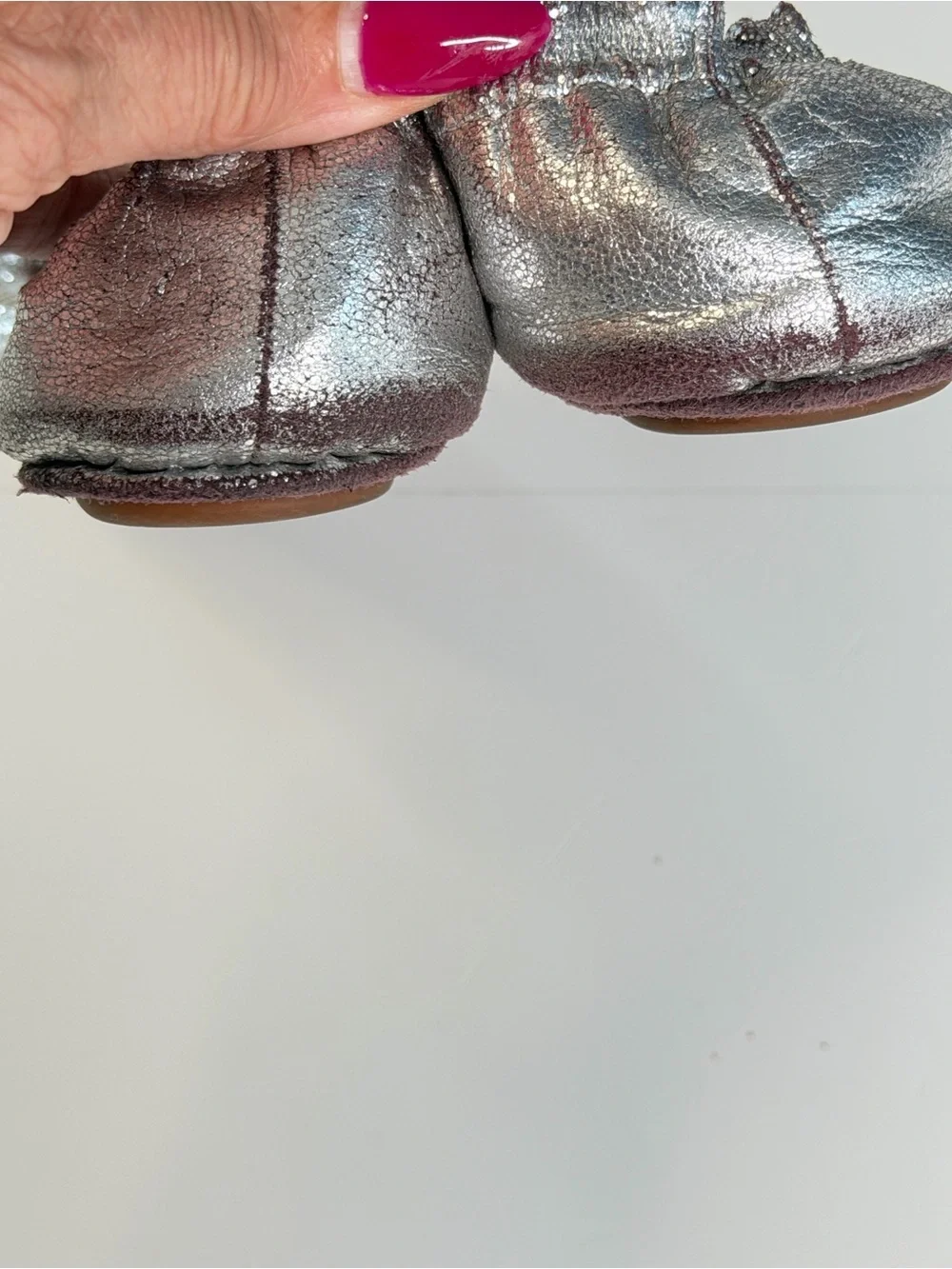 Tory Burch Minnie Travel Metallic Silver Leather Logo Ballet Flats